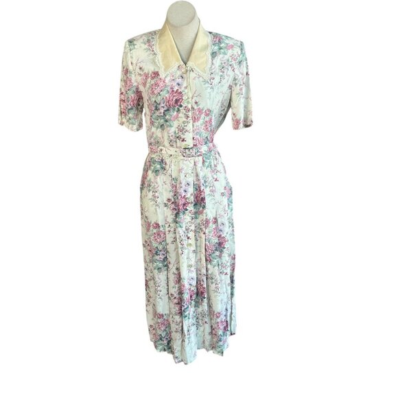Karin Stevens Vintage 80s Rose Cottage Floral Lace Collar Shirtwaist Dress - Picture 2 of 16